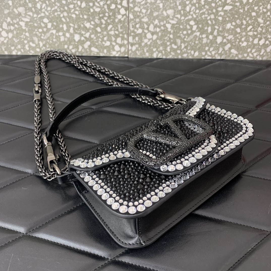 Valentino Garavani Loco Small Shoulder Bag with Black Rhinestone Applique